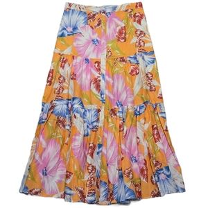 NEVER A WALLFLOWER Tropical Print Tiered Maxi Skirt Button Down Cotton Size XL